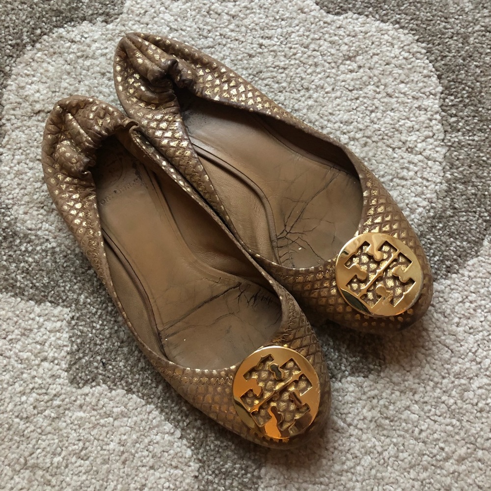Tory Burch Snake Skin Gold Ballet Flats